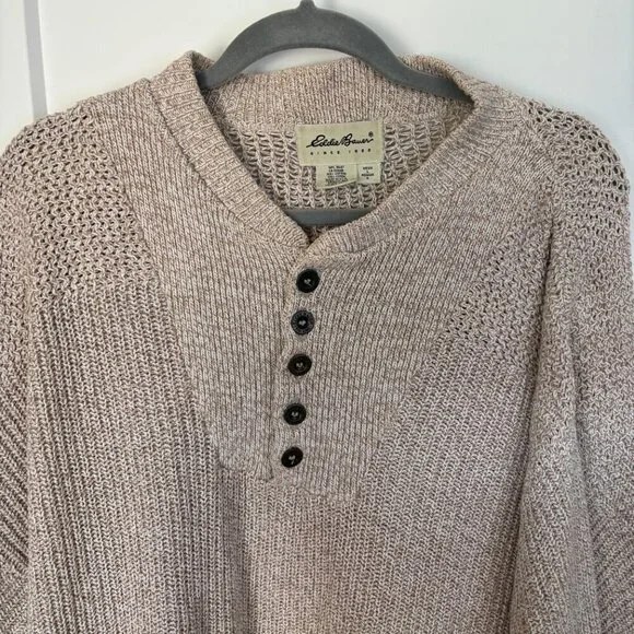 Vintage Eddie Bauer Sweater Men's Large Tan Henley Chunky Knit Outdoor Fall 90s - Picture 3 of 9